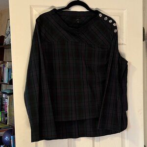 J Crew Funnel Neck Blouse with Festive Buttons in Blackwatch Plaid, Size 18